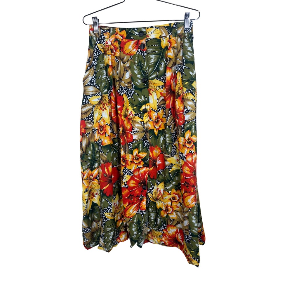 SK & Company Vintage 90s Tropical Floral Leopard Print Rayon Midi Skirt 10